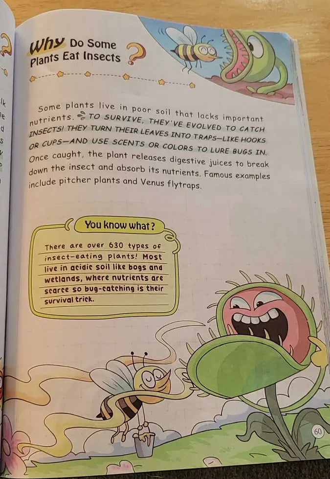 An open children's book page showing a colorful educational illustration about plants eating insects, with text and cartoon drawings of a bug and a plant.